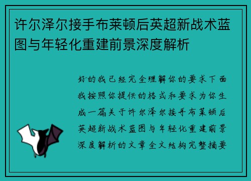 许尔泽尔接手布莱顿后英超新战术蓝图与年轻化重建前景深度解析 许尔泽尔接手布莱顿后英超新战术蓝图与年轻化重建前景深度解析