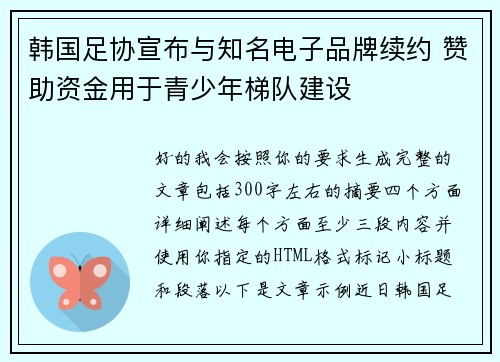 韩国足协宣布与知名电子品牌续约 赞助资金用于青少年梯队建设