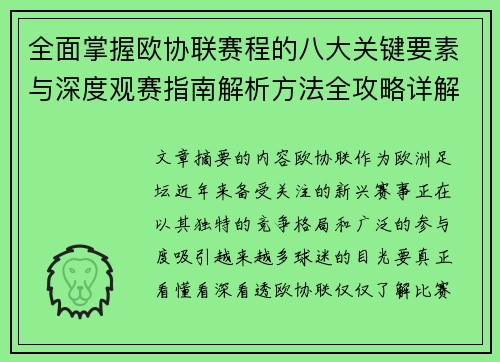 全面掌握欧协联赛程的八大关键要素与深度观赛指南解析方法全攻略详解