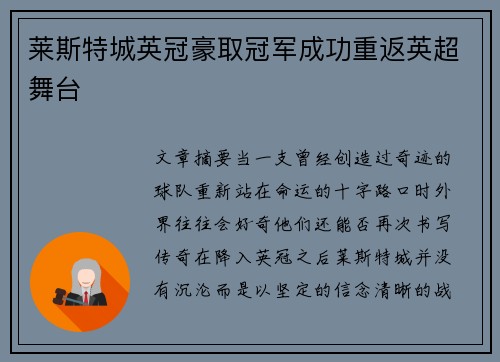 莱斯特城英冠豪取冠军成功重返英超舞台